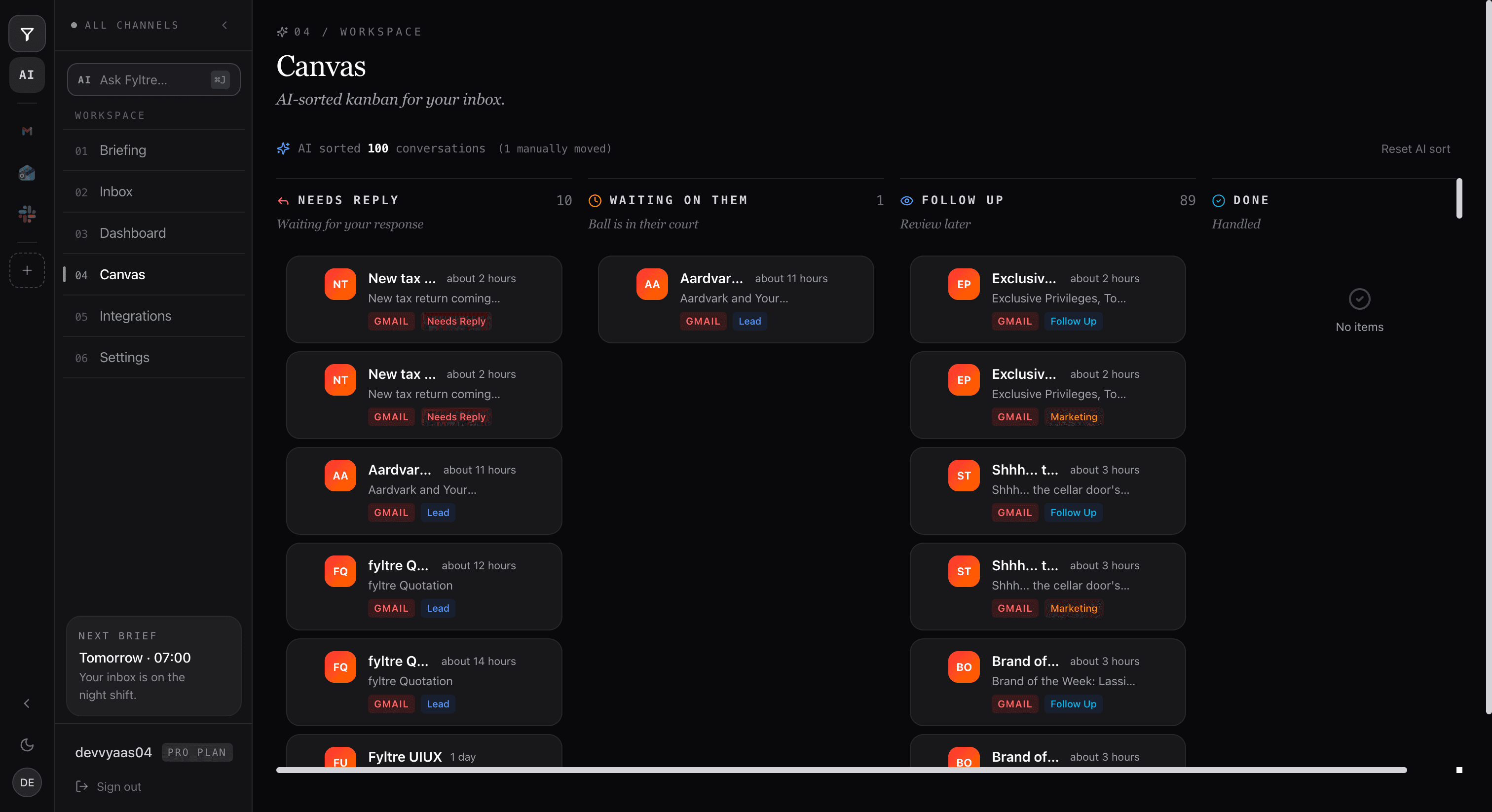 Fyltre Canvas: AI-sorted Kanban board with Needs Reply, Waiting on Them, Follow Up, and Done columns
