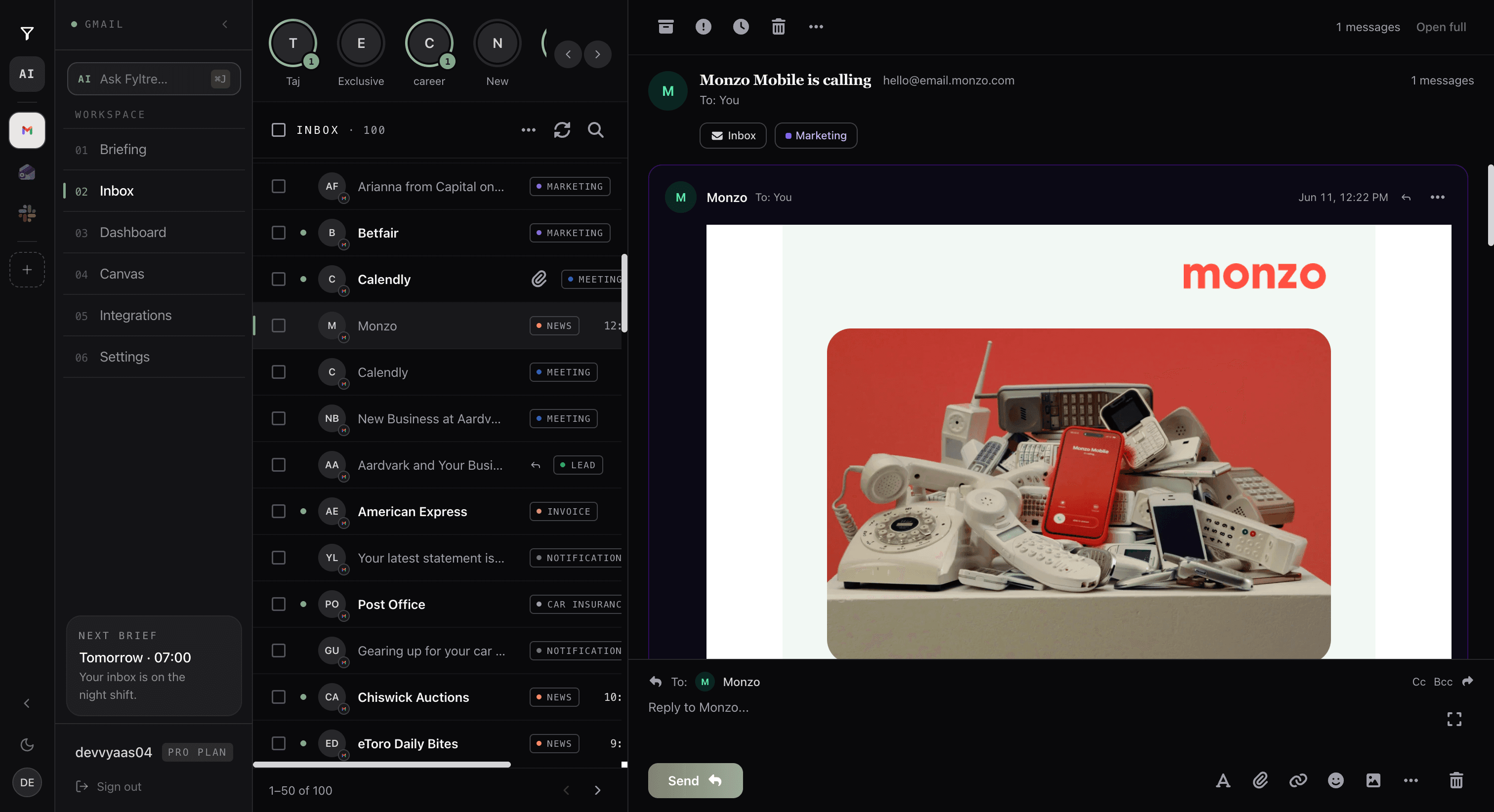 Fyltre Unified Inbox: messages with AI labels, full reading pane, and inline reply composer